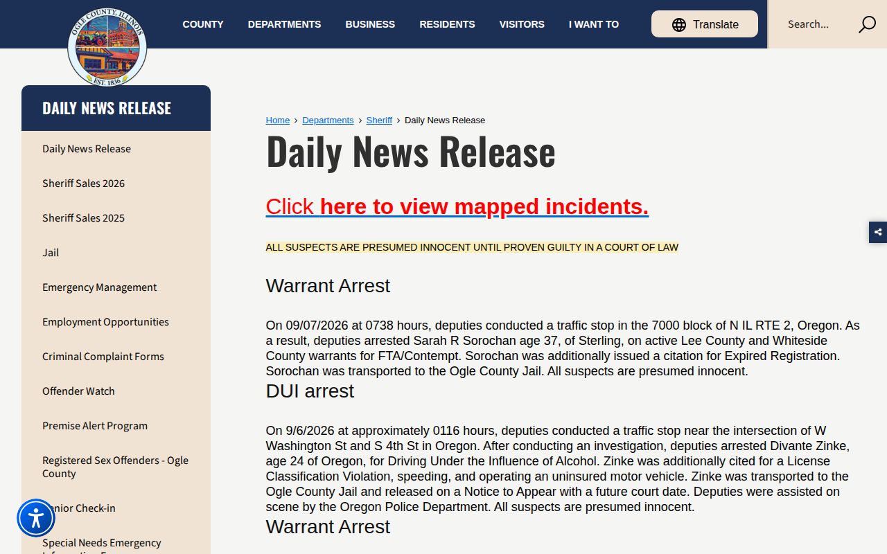 Ogle County recent arrests Daily News Release page