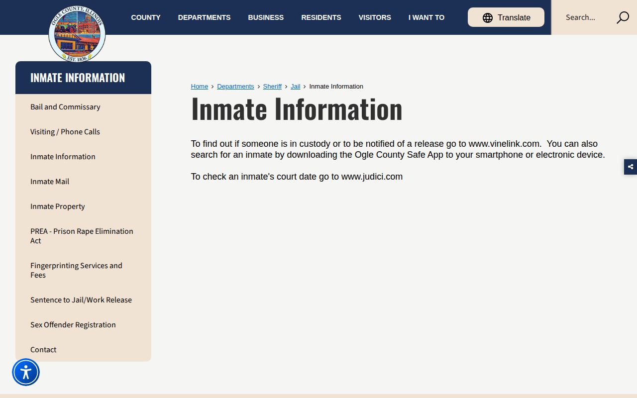 Ogle County arrest custody and inmate information instructions