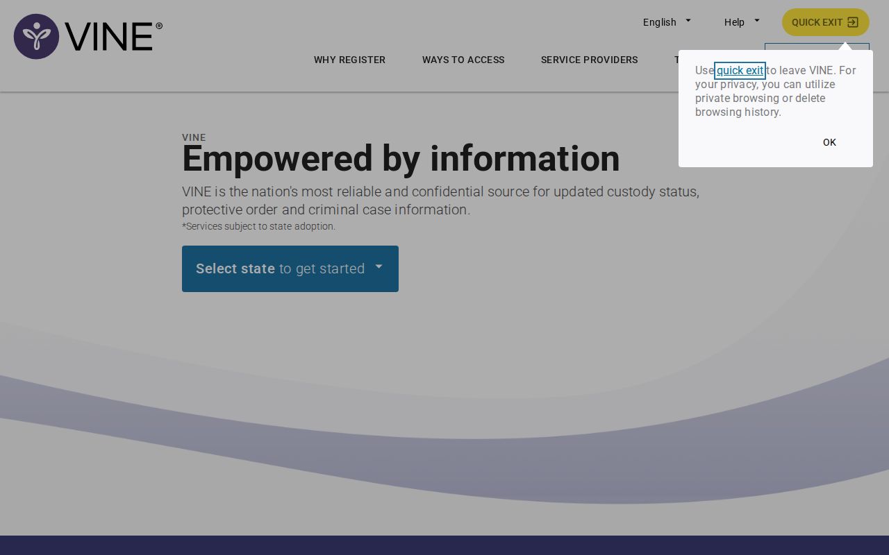 Official VINELink landing and notification registration page