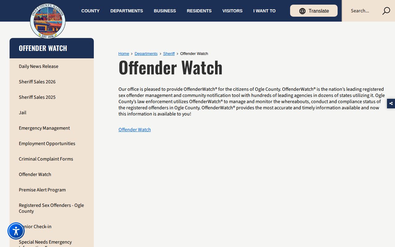 Ogle County safety record page distinct from arrest warrants