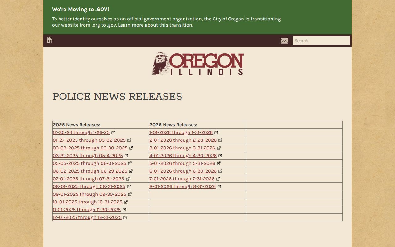 Oregon Police News Releases page with dated police bulletin links